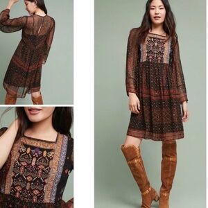 Anthropologie Akemi + Kin Munro Embroidered Tunic Dress Boho Sheer Beaded- Sz M